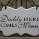Wedding Sign, Hand Painted Wooden Cottage Chic Off White Flower Girl / Ring Bearer Sign, "Daddy Here Comes Mommy"