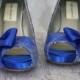 Wedding Shoes -- Royal Blue Platform Peep Toe Custom Wedding Shoes with Silver Lace Overlay, Bow and Buttons