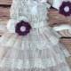 Tan Beige Lace BurlapToddler Baby Girl Dress, Eggplant Burlap Flower, Tan Beige Flower Girl Dress, Toddler Vintage Dress, Photo Prop Rustic
