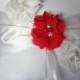 Ivory or White Ring Bearer Pillow Red/White Chiffon Flowers Accented with Rhinestone and Pearls- Custom Colors Available