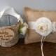 Rustic Flower Girl Basket and Burlap Ring Bearer Pillow SET Natural Birch Bark shown Ivory Ranunculus with Wood or Chalkboard Tags