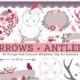 Vintage Pink Wildflower Clipart Antlers, Arrows, Branches, Birds, Banners, Bouquets. Hand Drawn Digital Illustration: Weddings, Valentine's.