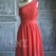 Coral Bridesmaid dress, One shoulder dress, Wedding dress, Chiffon dress, Party dress, Formal dress, Prom dress (B083)