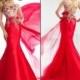New Style 2015 Red Evening Dresses Janique Pageant Sheer Back Satin Sweep Train Mermaid Beaded Custom Made Long Prom Party Dresses Gowns, $120.14 
