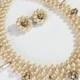 1960s Pearl Teardrop Necklace and Earring Set- Clip On, Bridal, Rhinestone, Collar Necklace, Bridal Jewelry, Vintage Wedding, Retro Bride