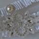 Wedding Garter, White Satin Bridal Garter Set With Rhinestone Applique and Pearl Button Embellishments