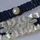Wedding Garter Set - Navy Blue Garters And Ivory Satin With Rhinestone Embellishments, Garter Belts, Bridal Garter Set