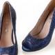 Navy blue crystal rhinestone wedding shoes party shoes prom shoes peep toe pumps