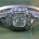 HALO Diamond Engagement Ring - Modified Asscher E/VS1 Center Diamond - Bezel set - 18K White Gold - Antique Style - weddings - Bph018 - New