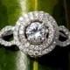 Diamond Engagement Ring -14K white gold -  chunky - 1.10 carat Round - Double Halo - Pave - Antique Style - Weddings- Luxury- Brides - bph07 - New