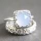 SALE - Vintage Style Chalcedony Wedding Ring Set - Eco Friendly Engraved Wedding Band & Engagement Ring - Alternative Diamond