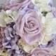 Silk Wedding Flower Bouquet made with Lavender Roses, Lavender Hydrangea and Ivory Hydrangea wrapped in Champagne Ribbon.