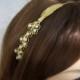 Bridal  Feather Headband, Leaf Floral Headband,, Gold Pearl Headband, Wedding Hair accessories