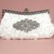 White Bridal Clutch, Wedding Clutch, Vintage Inspired Clutch, Evening Bag, Rhinestone Clutch with Vintage Style Crystal Brooch