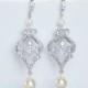 Crystal and Pearl Bridal Earrings, Bridal Earrings Pave Rhinestone and Pearl Scroll Earrings, Bridal Jewelry - 100E