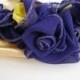 Metalic gold and Iris Purple Floral flowers in bright yellow  long sash wedding ribbon belt