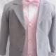 Formal Boy Suit Gray with Pink Light Vest for Toddler Baby Ring Bearer Easter Communion Bow Tie Size 10, 12, 14, and More