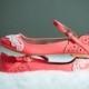 Neon Coral Ballet Flats, Wedding Flats, Bridal flats, Lace Flats, Wedding Shoes with Ivory Lace. US Size 9