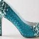 High end turquoise oasistiffany blue crystal shoes, hand sewd crystal wedding bridal shoes , beaded toe and heels pumps prom shoes - New