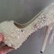 Luxury wedding shoes high heels Closed toe ivory Pearls clean diamonds floral bridal shoes handmade bridal heels Custom wedding heels - New