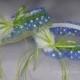 Wedding Garter Set in Lime Green and Royal Blue Polka Dot with Pearls and Marabou Feathers