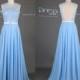 2015 Lace Long Prom Dress/Sweet 16 Light Blue Lace Appliques Bow Belt A Line Long Prom Dress/Bridesmaid Dress/Chiffon Flowy Prom Dress DH314