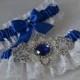 Wedding Garter Set Royal Blue and White Raschel Lace with Rhinestone Applique