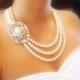 Bridal necklace, Pearl statement necklace,  wedding jewelry, Swarovski crystal pendant, Swarovski ivory pearls, - New