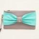Promotional sale - Grey Tiffany blue bow wristelt clutch,bridesmaid gift ,wedding gift ,make up bag,zipper pouch