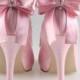 Handmade soft pink bow crystal wedding shoes party shoes prom peep toe flush pumps - New
