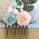 Flower Bridal Comb Wedding Floral Collage Coral Pink Rose Comb White Mint Aqua Pearls Maid of Honor Patina Leaf Bridal Hair Accessories