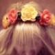 Flower wedding crown headband bridal headpiece in orange yellow with veil