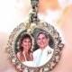 Pearls & Silver Memorial Photo Charm , Wedding Bouquet - WITH OR WITHOUT Pearls - Custom Shiny Filigree Round Vintage Bridal
