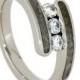 Three Stone Ring with Fossilized Dinosaur Bone in Palladium, Faux Tension Set Moissanite Engagement Ring