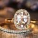 Halo Ring Wedding Set in 14k Rose Gold 9x7mm Oval Morganite Engagement Ring and Half Diamond Eternity Wedding Band (Custom Ring Set ok)