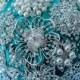 Bridal Wedding Rhinestone Brooch Bouquet - Pearl Rhinestone Crystal - Silver Tiffany Blue Teal Blue - BB053LX