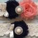 Navy Blue and CORAL Wedding Garter, CUSTOMIZE IT, Bridal Garter Set, Shiny Ivory Pearl Center, Toss Garter Included