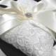 Design your own wedding ring pillow - Alencon lace Ivory ring bearers pillow with ribbon bow and a rhinestone button of your choice