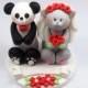 Custom Wedding Cake Topper, Panda Bear and Grey Cat Couple, Personalized Figurines, Made To Order