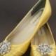 Yellow Wedding Shoes -- Yellow Peeptoe Wedge Wedding Shoes with Classic Rhinestone Cluster with Pearl Accent