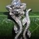 Platinum - BLOOMING Work Of Art - Flower Leaf Rose Lotus Diamond Engagement Wedding Ring Set - No Milgrain - brides - fL07 - Patented design - New