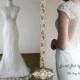 V neck pearls chapel train lace wedding dress