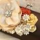 Bridal Clutch in Chocolate Brown, Champagne, Tan, Gold and Burnt Orange with Handmade Flowers, Brooch and Pearls- Fall Wedding