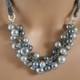 gray pearl chunky necklace with pewter ribbon- bridesmaids jewelry, wedding necklace