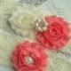 CORAL Bridal Garter Set - Ivory Keepsake and Toss Wedding Garters - Chiffon Flower Rhinestone Garter - Vintage Lace