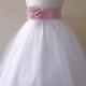 Flower Girl Dress - WHITE Tulle Dress (Double Straps) with PINK Light Sash - Communion, Easter, Jr. Bridesmaid, Wedding (FGRP2W)