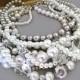 Pearl Statement Necklace, Chunky Bridal Necklace, Wedding Jewellery Choker Grey White Pearls Crystal Rhinestone Necklace