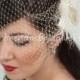 Bridal Veil with Feather Fascinator, Champagne Wedge Birdcage Veil with Champagne and Ivory Feather Fascinator Fresh Water Pearl Center