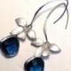 Wedding jewelry Silver 925 dangle earrings Framed sapphire glass on marquise and orchid earrings  Bridesmaid earrings