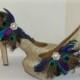 Womens Bridal Shoe Clips - Bright Peacock Feathers, Shoe Clips, Feathered Shoe Clips, Wedding Shoe Clips